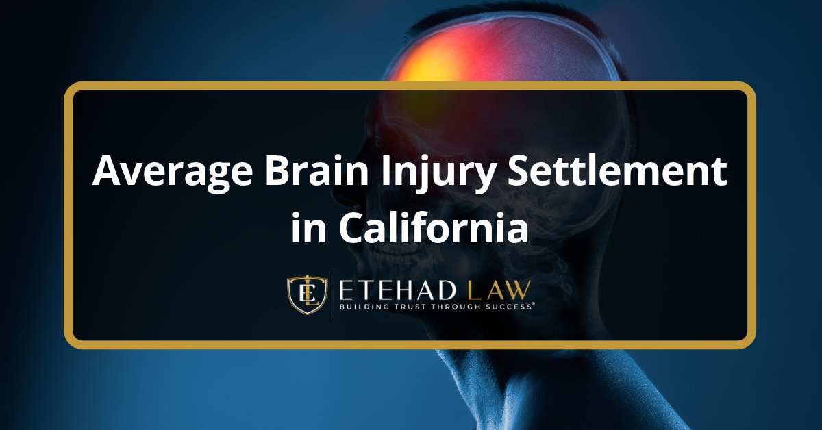 X-ray style side view of a human head with the brain glowing red, under the title Average Brain Injury Settlement in California and the Etehad Law logo