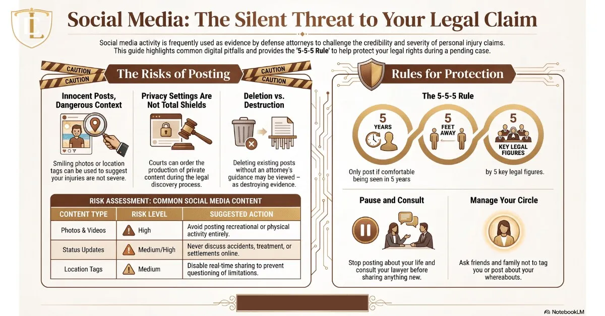 Hands typing a social media post on a laptop that could harm a legal claim