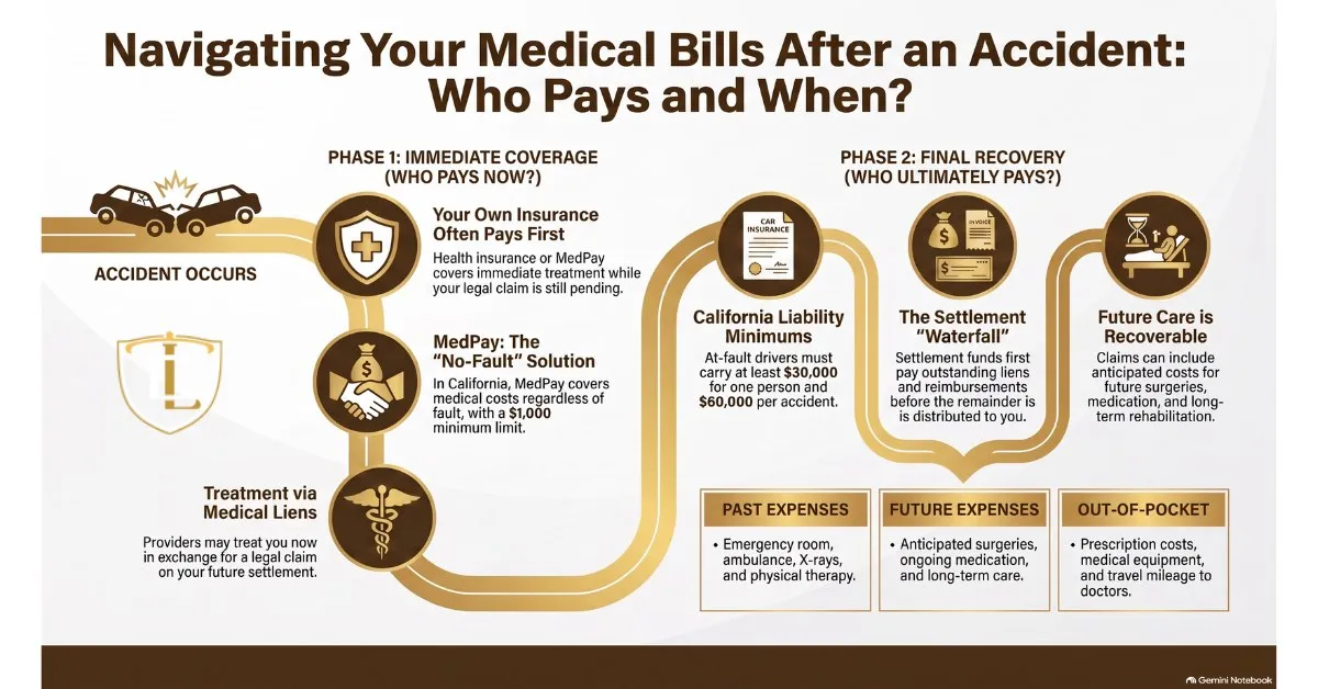 Infographic showing the insurance sources that may pay medical bills after a California accident
