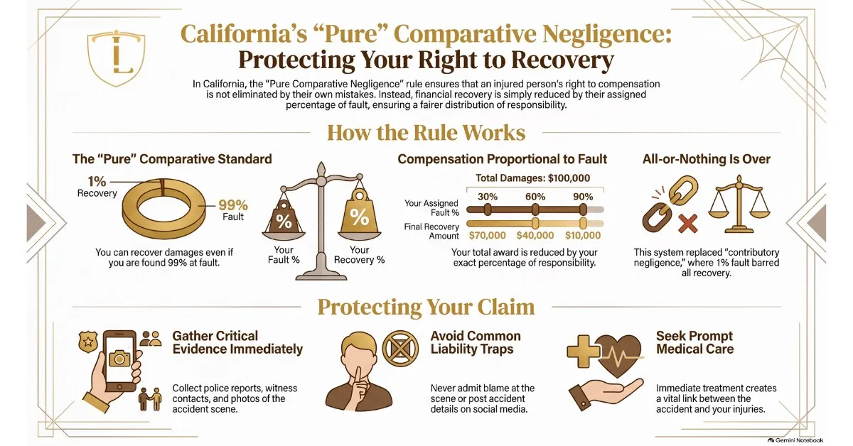 Infographic explaining the pure comparative negligence rule in California and how it protects your right to recovery