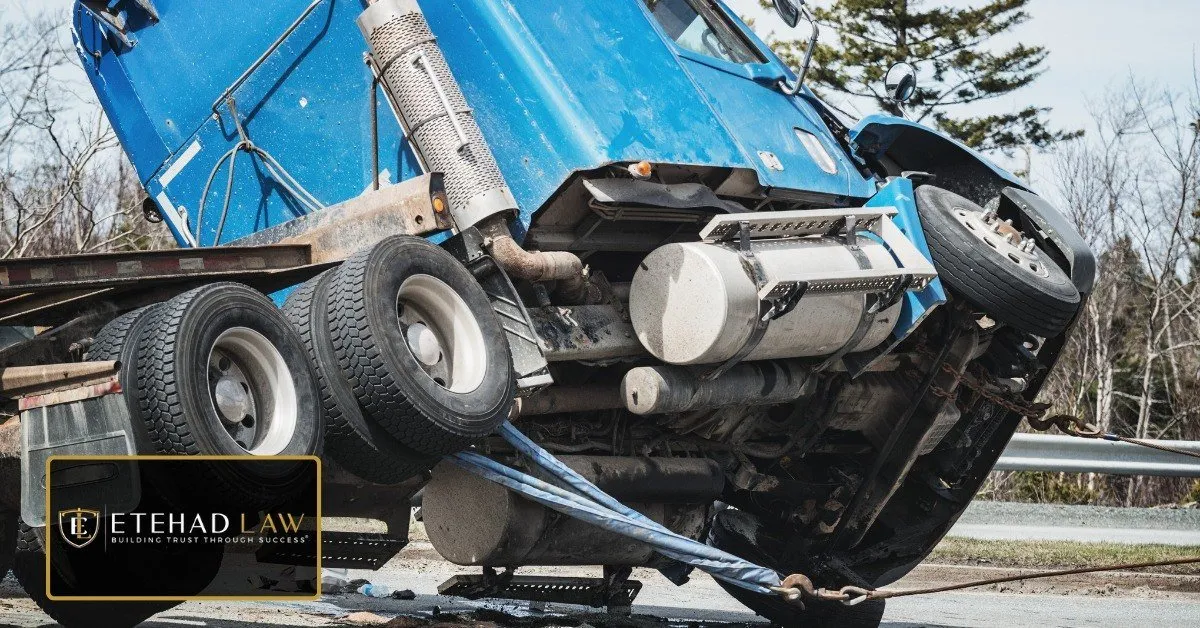 Severely damaged commercial truck after a roadway accident – Etehad Law.