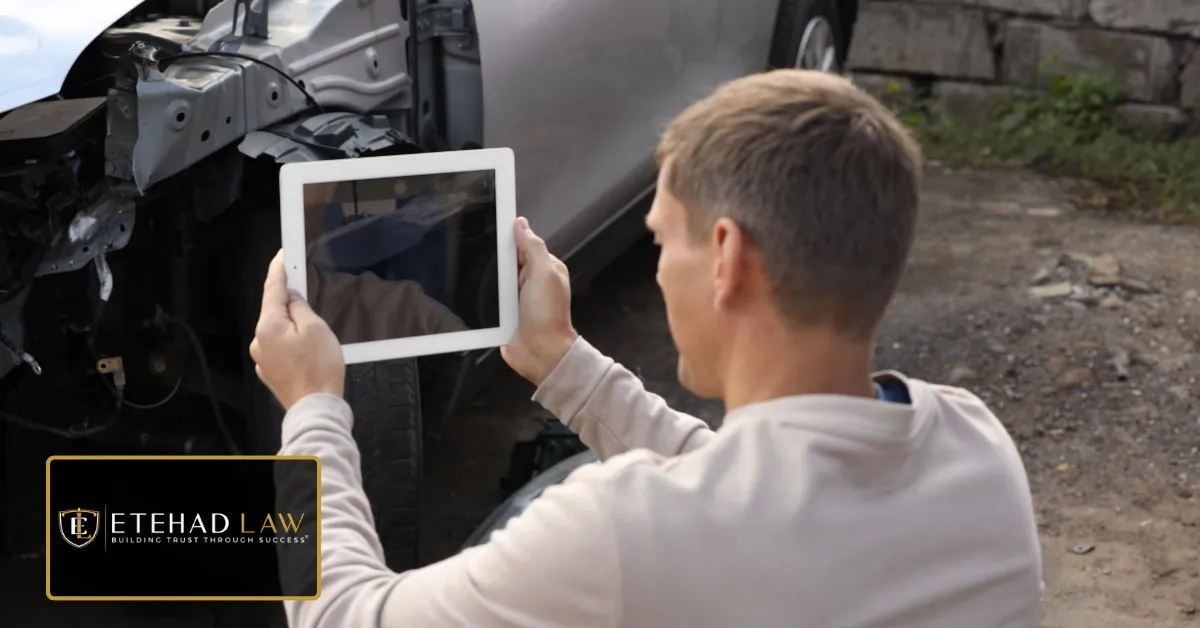 Man using a tablet to photograph damage to a crashed vehicle at the roadside