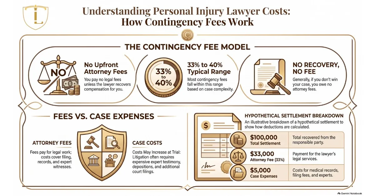 Infographic explaining personal injury lawyer costs and how contingency fees work, including a sample settlement breakdown