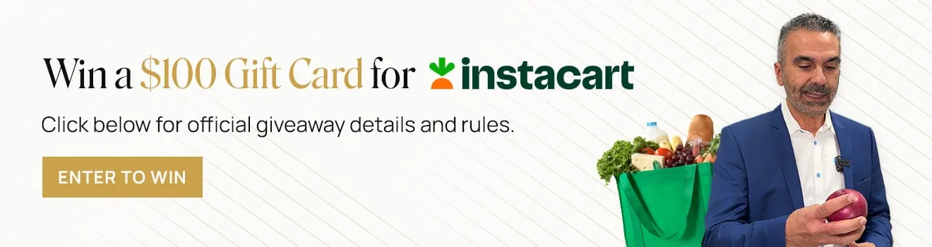 Promotional banner: win a $100 Instacart gift card — click through for the official giveaway details and rules. Simon Etehad holds a red onion beside a bag of groceries.