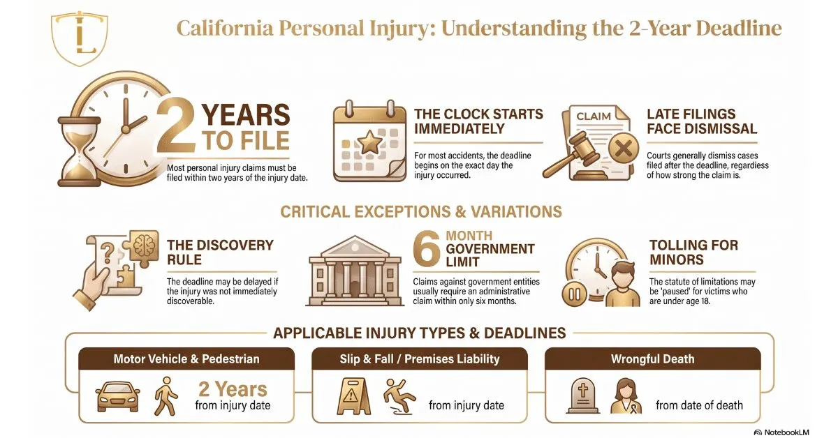 Deadline clock next to a stack of personal injury claim documents on a desk