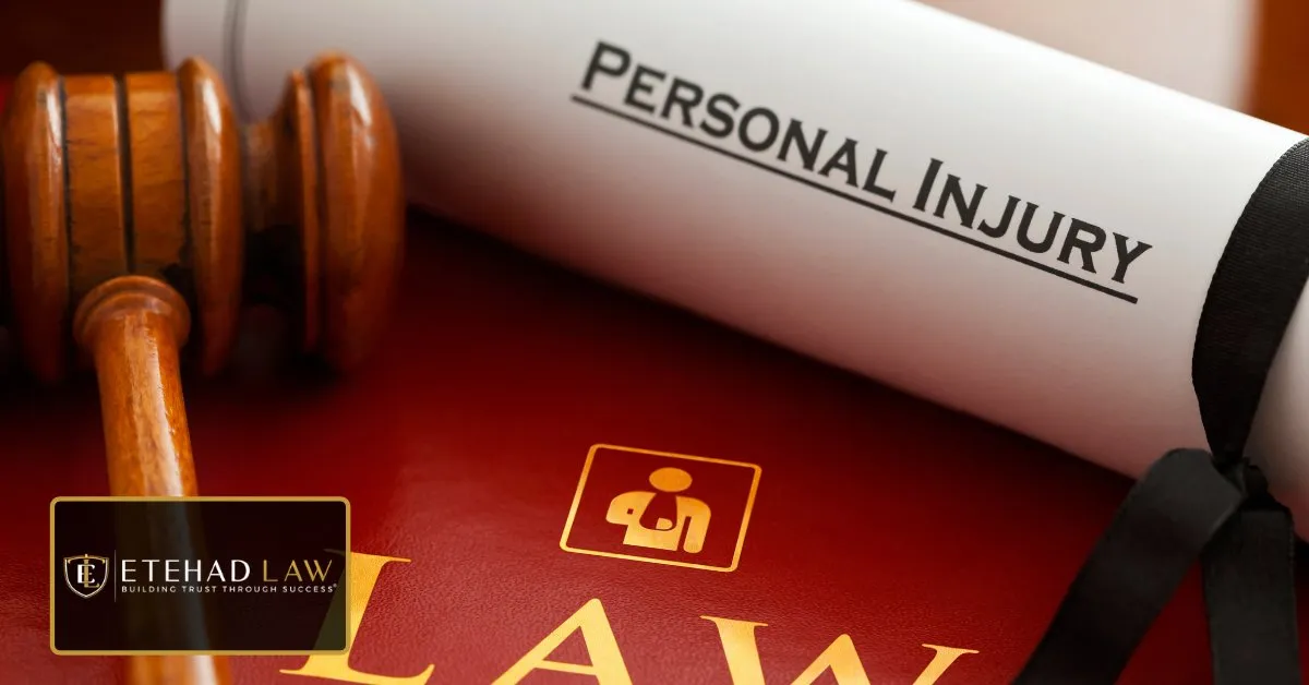 Wooden gavel beside a rolled document labeled Personal Injury on a red law book, representing the average personal injury settlement
