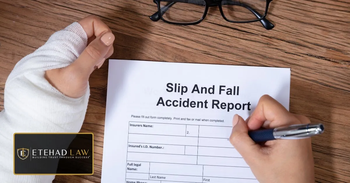Injured person filling out a slip and fall accident report to document the incident