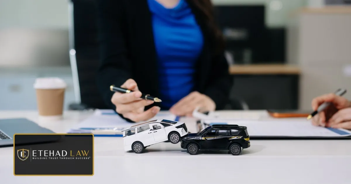 Two model cars positioned bumper to bumper on a desk beside paperwork as an auto insurance claim is reviewed