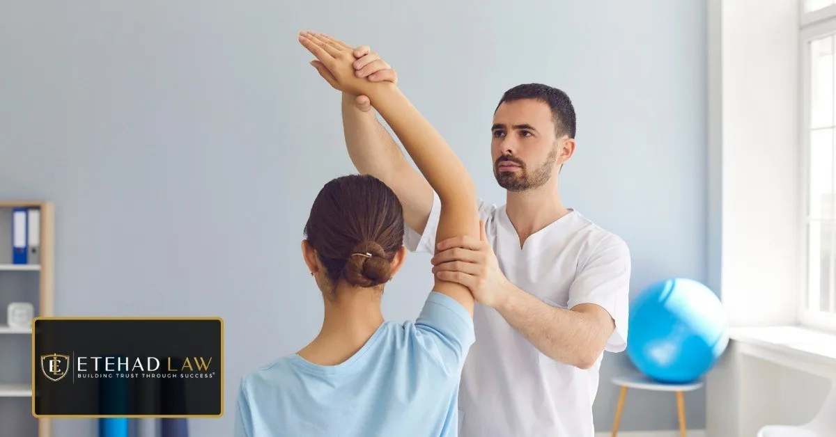 Physiotherapist assessing shoulder and arm mobility with a patient during rehabilitation