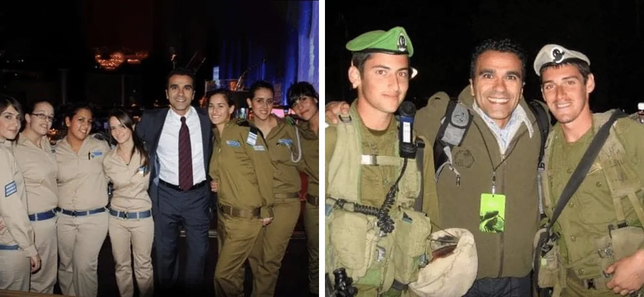 Two photographs: Simon Etehad with a group of IDF soldiers at an evening event, and Simon with two soldiers in the field.