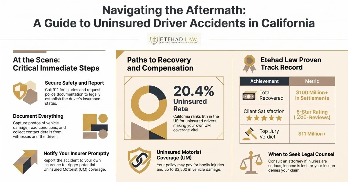 Etehad Law infographic on uninsured driver accidents in California: immediate steps at the scene, how uninsured motorist coverage pays, and when to consult an attorney