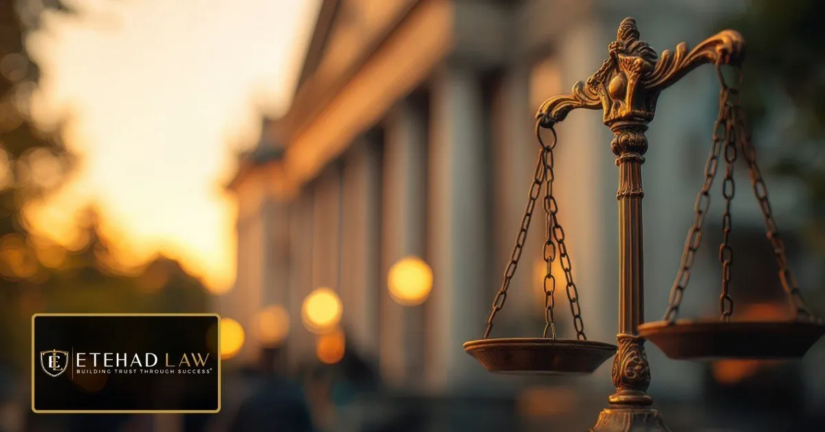 Scales of justice outside a courthouse at sunset, representing legal representation in a California car accident claim