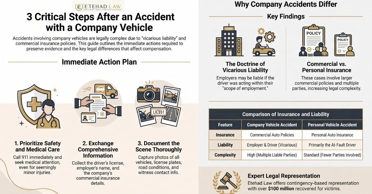 Etehad Law infographic on company vehicle accidents: the three immediate steps to take, the doctrine of vicarious liability, and how commercial and personal auto insurance compare