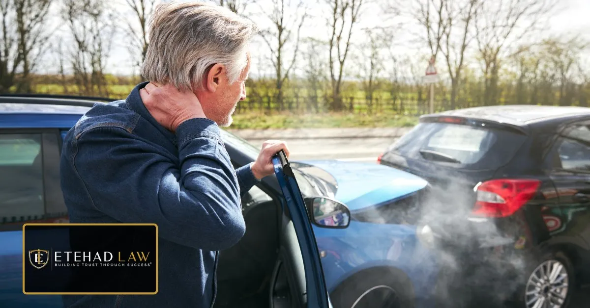 Man holding his neck at the roadside beside two collided cars