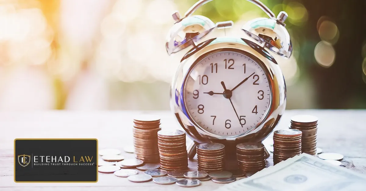 Alarm clock surrounded by stacks of coins and dollar bills, representing how long it takes to value a personal injury case
