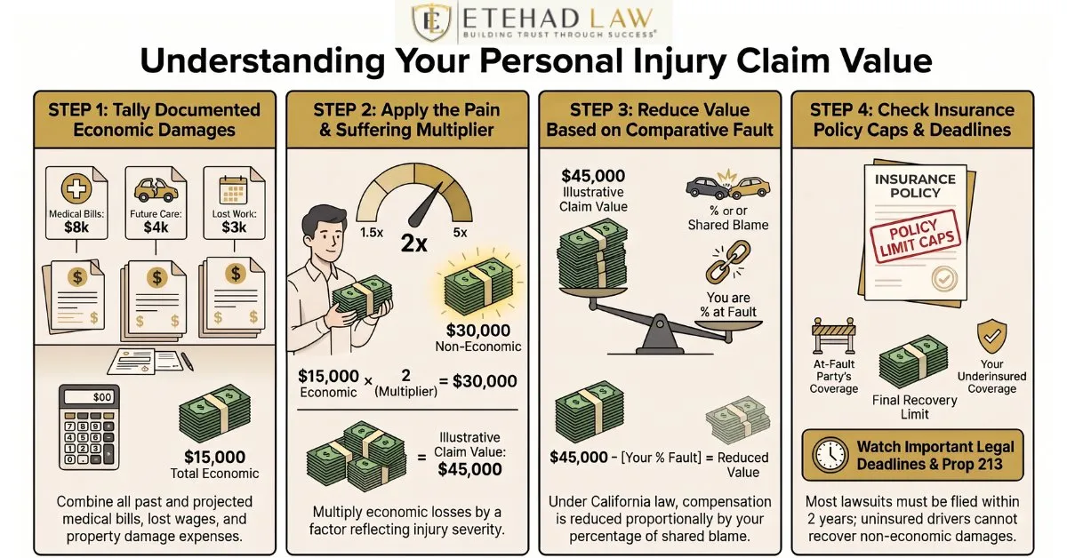 Etehad Law infographic in four steps explaining a personal injury claim value: economic damages, a pain and suffering multiplier, comparative fault, and insurance limits and deadlines