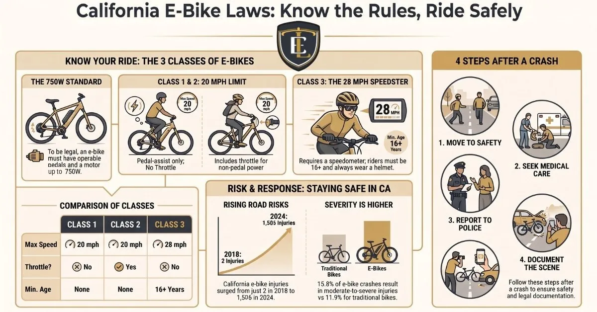 A California e-bike laws infographic showing the three e-bike classes, the 750 watt motor limit, a class comparison table, injury statistics and four steps to take after a crash