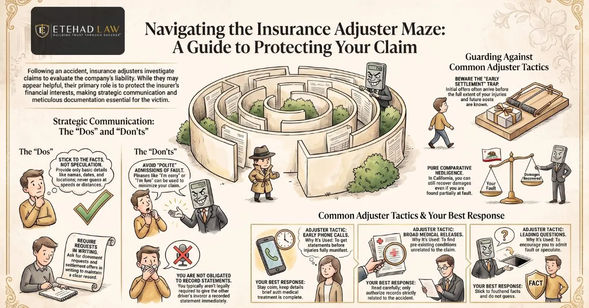 Infographic explaining common insurance adjuster tactics and how accident victims can protect their claims.