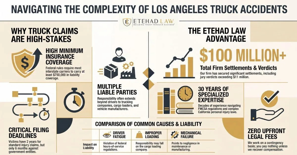 Infographic explaining insurance coverage, liable parties, deadlines, and common causes of Los Angeles truck accidents.