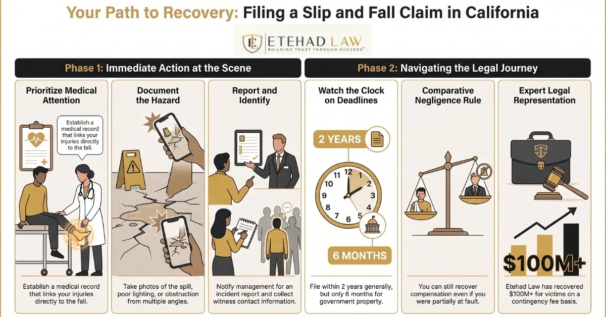 Infographic on filing a California slip and fall claim: seek medical care, document the hazard, report it, then the two-year deadline, the six-month government deadline and comparative fault