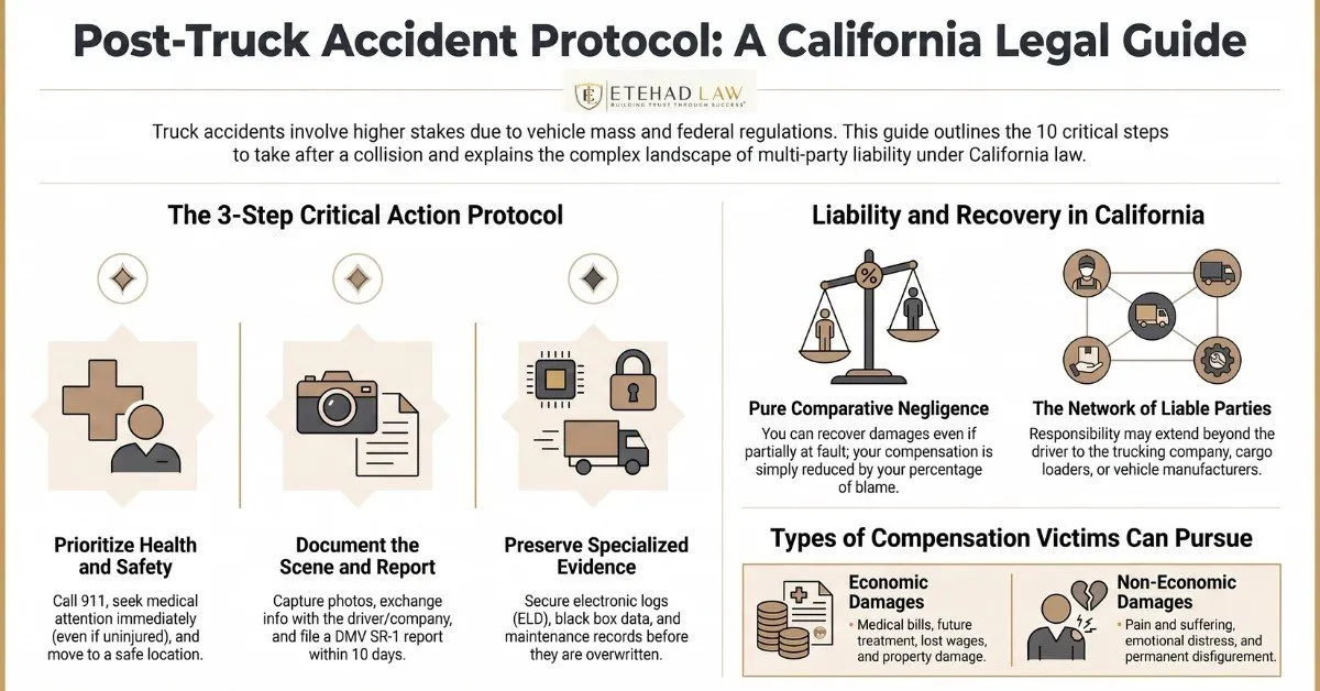 Infographic summarizing California truck accident protocol: three critical action steps, pure comparative negligence, the network of liable parties, and economic and non-economic damages – Etehad Law.