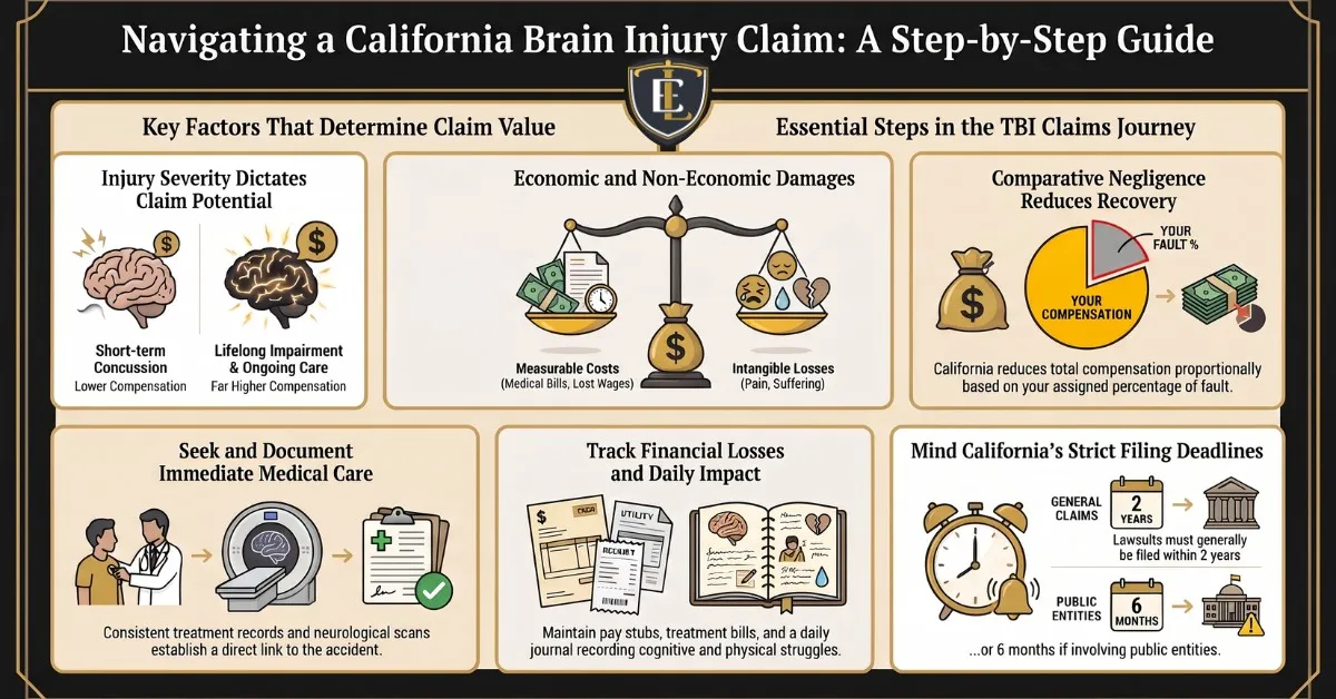 Infographic on navigating a California brain injury claim, covering injury severity, damages, comparative negligence, medical records, financial losses and filing deadlines