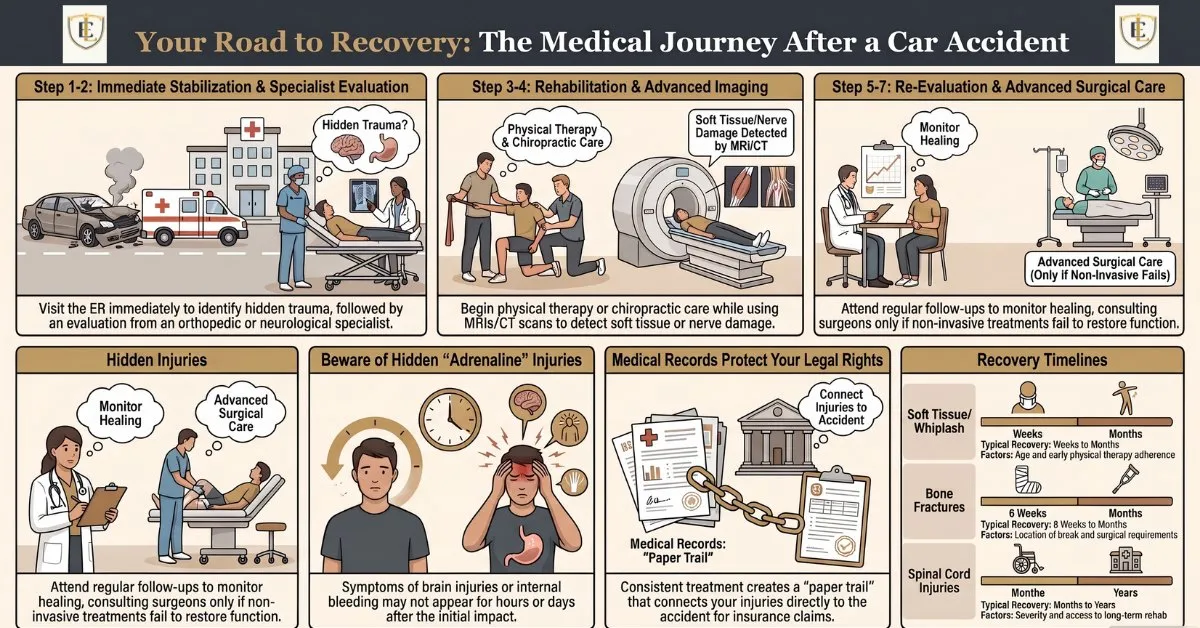 Etehad Law infographic on the medical journey after a car accident: immediate stabilisation, rehabilitation and imaging, re-evaluation and surgical care, hidden injuries, how medical records protect a claim, and typical recovery timelines