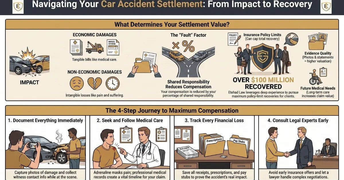 Infographic showing what determines a car accident settlement value in California and the four steps to take after a crash