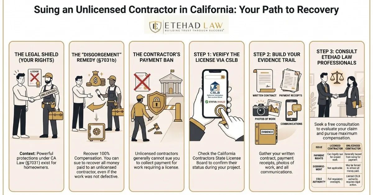 Infographic outlining the path for a California homeowner when a contractor turns out to be unlicensed, covering the licensing rules, verifying the licence with the CSLB, and building an evidence trail