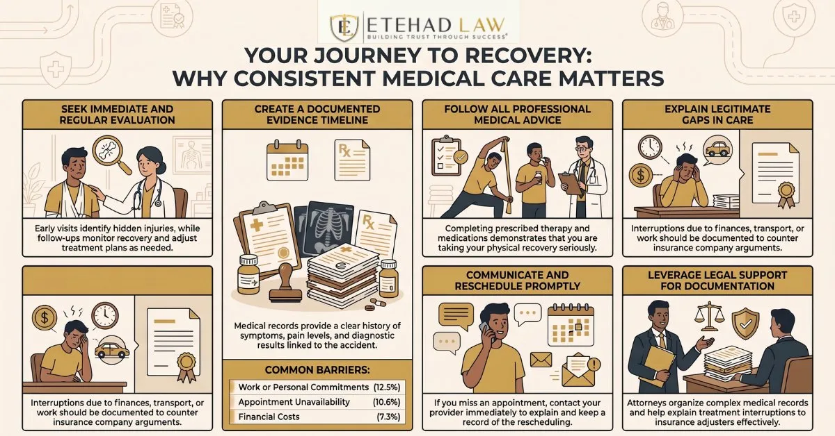 Etehad Law infographic on consistent medical care after an accident: seek early evaluation, document the evidence timeline, follow medical advice, explain legitimate gaps, reschedule promptly, and use legal support for documentation