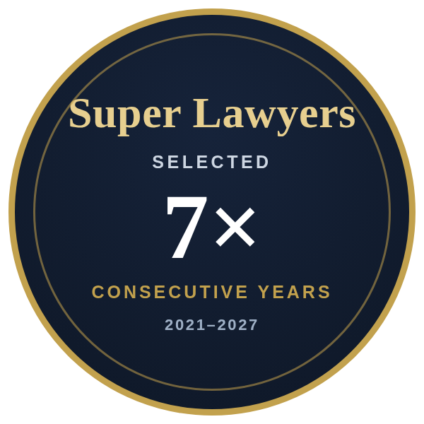 Super Lawyers selection, seven consecutive years, 2021 to 2027