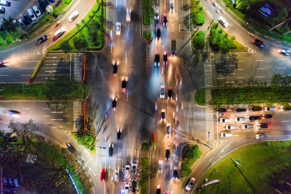 Aerial night view of heavy traffic at a Los Angeles intersection